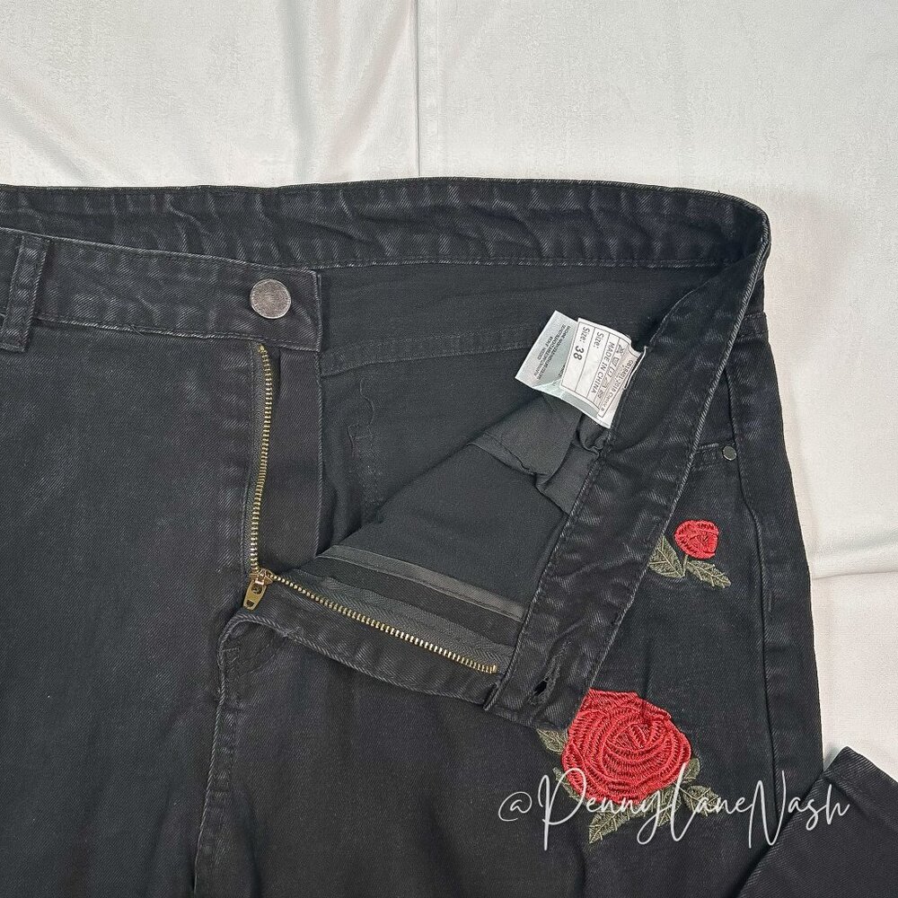Shein Black Distressed Embroidered Skinny Jeans Size 38 - Picture 7 of 10